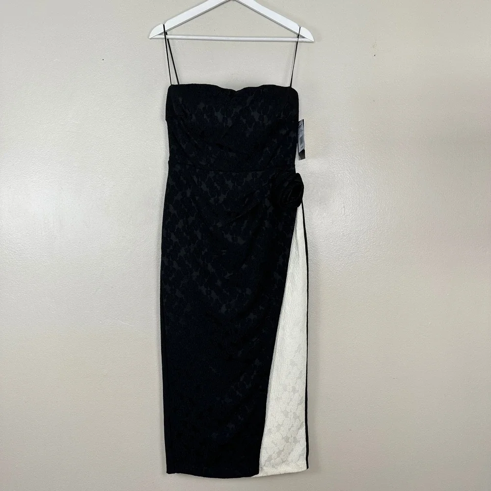Maison Tara Women's Size 6 Midi Dress Black Ivory Floral‎ Jacquard Rosette NEW